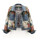 Carregue a imagem no visualizador da Galeria, 2024 Spring Autumn New Print Denim Jacket Splicing Long Sleeve Lapel Pocket Denim Tops Women&#39;s Short Jacket Fashion Cowgirl Coat  Amaijoin
