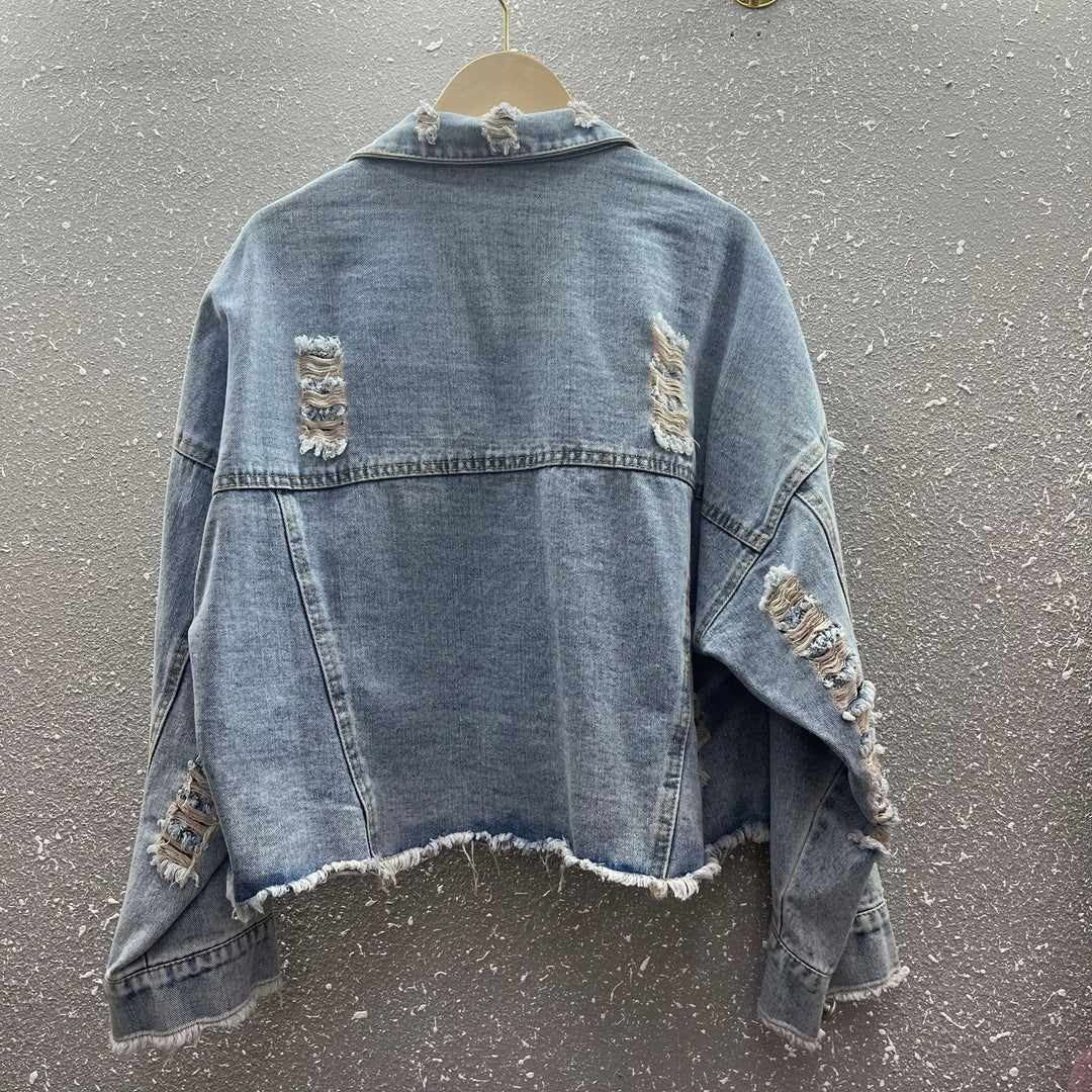 2024 New Women Coat Cartoon Sticker Embroidered Sequin Short Denim Jacket Loose Bowknot Top  Amaijoin