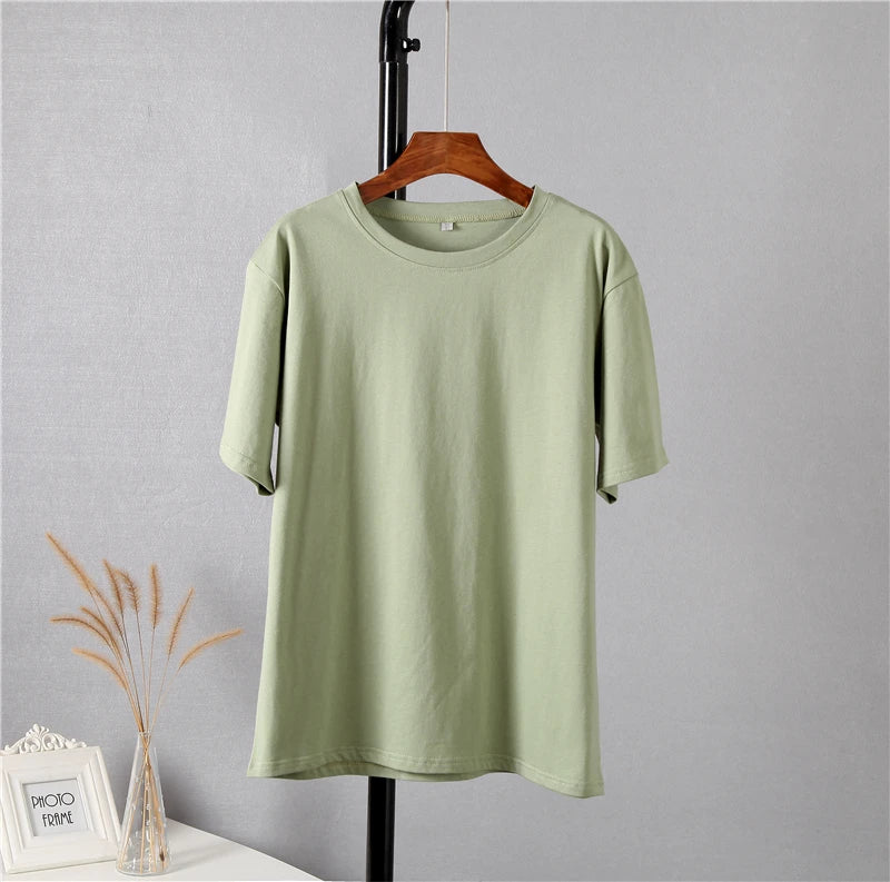 Hirsionsan 100% Cotton Oversized T Shirt Women Harajuku Basic Loose Short Sleeve Tees Soft Female Solid Tops Khaki Summer Jumper  Amaijoin