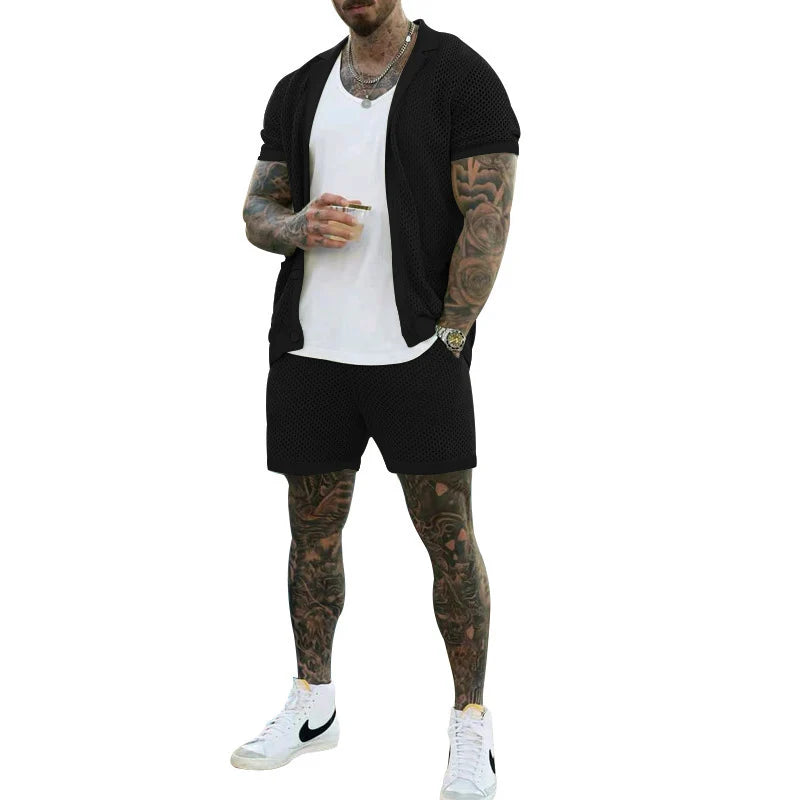 Sexy See Through Hollow Out Mesh Knit Two Piece Suits Men Summer Fashion Short Sleeve Shirts And Shorts Sets Mens Outfits Beach  Amaijoin