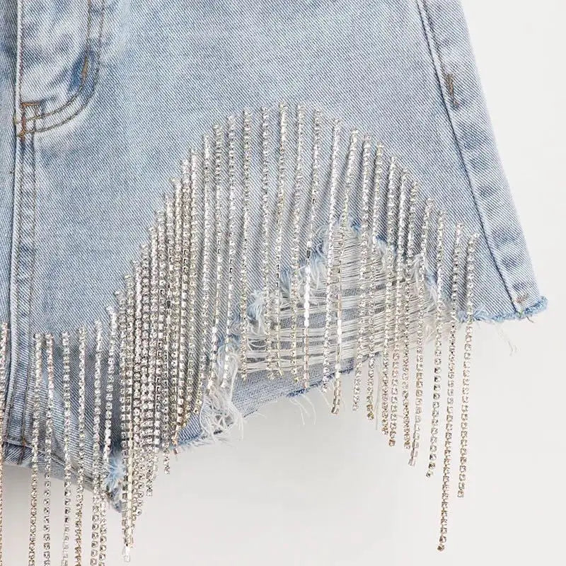 Summer Ripped Jeans Short Femme High Waist Diamond Tassel Y2k Casual Bottoms For Ladies Denim Shorts Women Clothing Fashion  Amaijoin