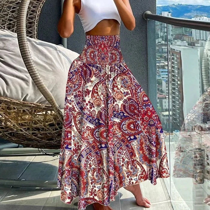 Summer Fashion High Waist Thin Printing Female Skirts Commute Elegant Elastic Waist Bohemia Holiday A-line Skirt Versatile Dress  Amaijoin