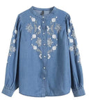 Carregue a imagem no visualizador da Galeria, Streetwear 2024 New Floral embroidery shirt for women Denim blouse High quality O-neck Long Puff sleeve tops Autumn INKEO 4T058  Amaijoin
