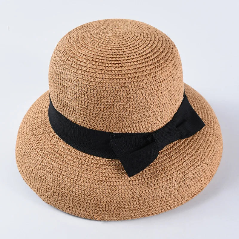 Hepburn bow ribbon sun hat women's straw hat Bucket hat color sunscreen sun hat beach hat wholesale  Amaijoin