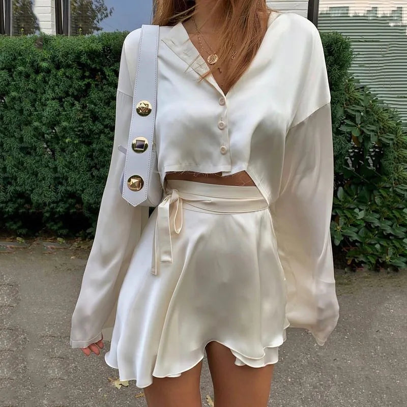 2024 White Elegant Satin 2 Two Piece Set Women Lantern Long Sleeves Crop Tops Cardigan Sexy High Waist Mini Tennis Sports Skirts  Amaijoin