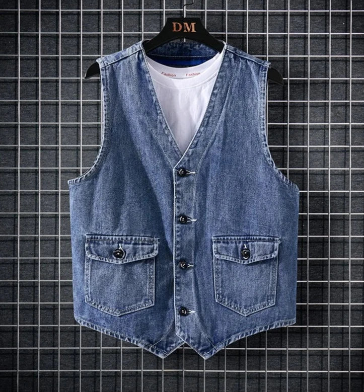 TFETTERS Summer New Denim Vest Men Japanese Casual Loose Washed Old Sleeveless Coat Fashion Solid Color Collarless Denim Jacket  Amaijoin