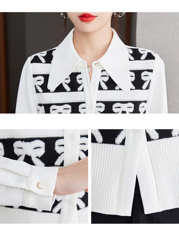 Retro Heavy Industry Woven Jacquard Bow Embroidery Knit Cardigan Coat Turn-Down Collar Sweater Cropped Top Female White Knitwear  Amaijoin