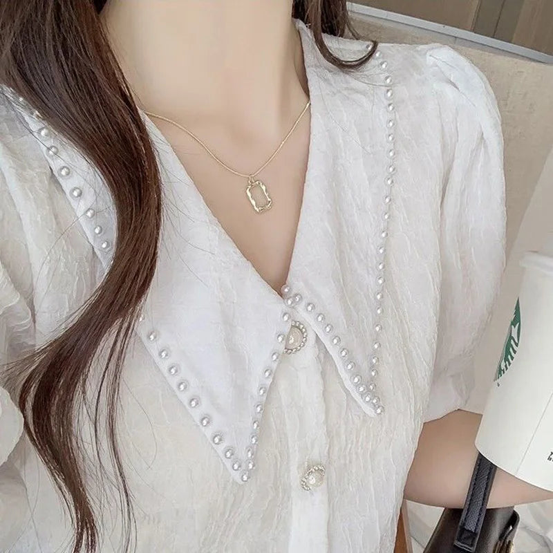 Sweet Peter Pan Collar Puff Sleeve Button Oversized Beading Blouse Summer Casual Tops Elegant Female Clothing Commute Shirt  Amaijoin