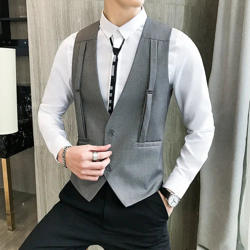 Brand Strap Decorative Vest Men Casual Sleeveless Vests Slim Fit Prom Party Disco Waiter Nightclub Dress Vest Tuxedo Gilet Homme  Amaijoin