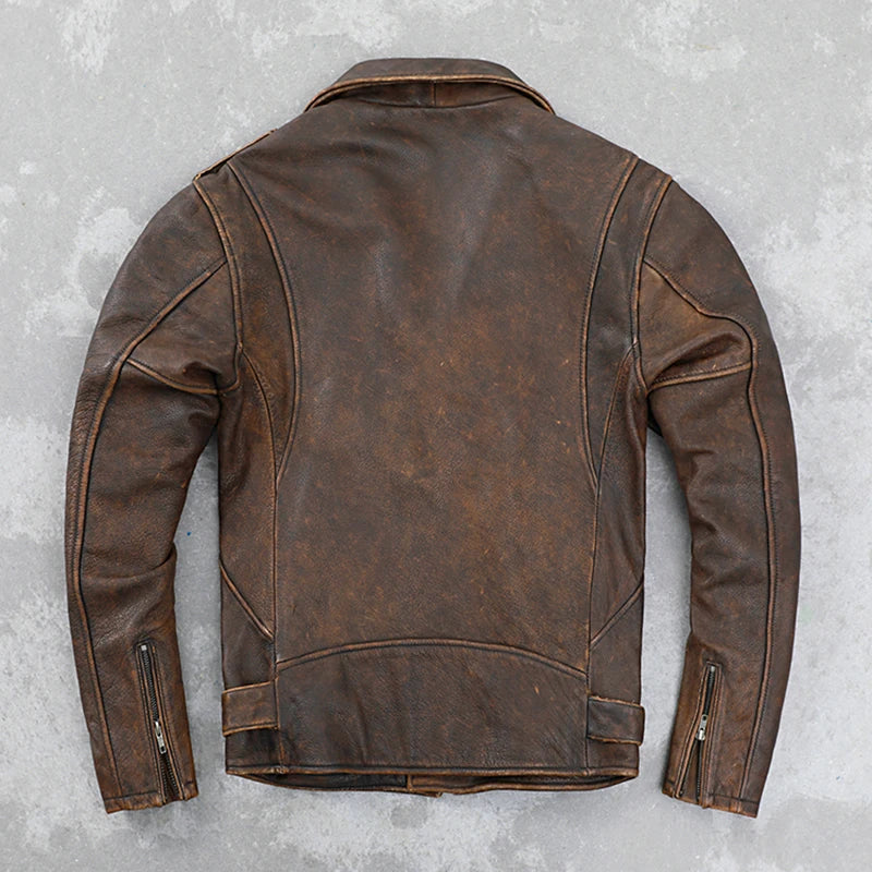 Cowhide Leather Leather Coat Men's Retro Distressed Motorcycle Cycling Clothing Trendy Youth LapeSpring and Autumn Coat  Amaijoin