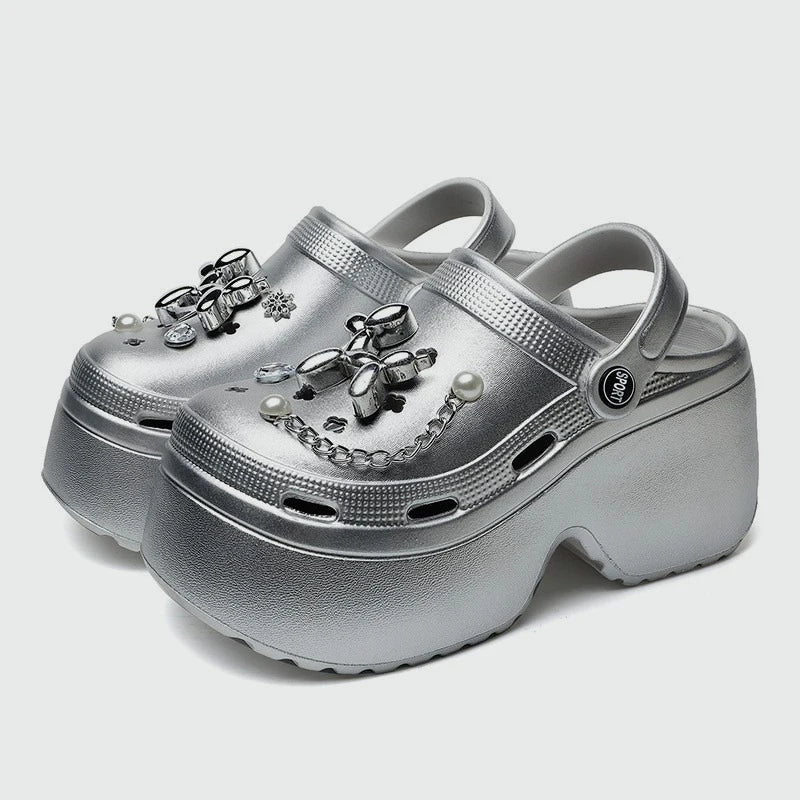 Women's Silver Platform Clogs Summer 2024 Comfortable Slip On Wedge Sandals Woman Fashion Chain Thick Sole Garden Shoes Ladies  Amaijoin