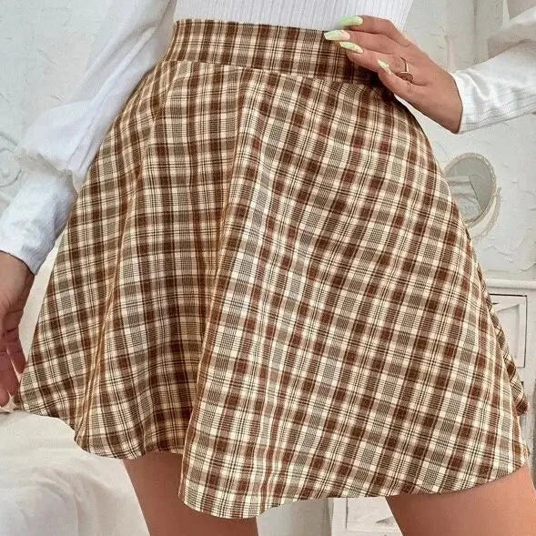 2023 New Women Fashion Vintage Plaid Casual With Skirt  Sweet Contrast Plaid Skirt A-line Skirt High Waist Skirt  Amaijoin