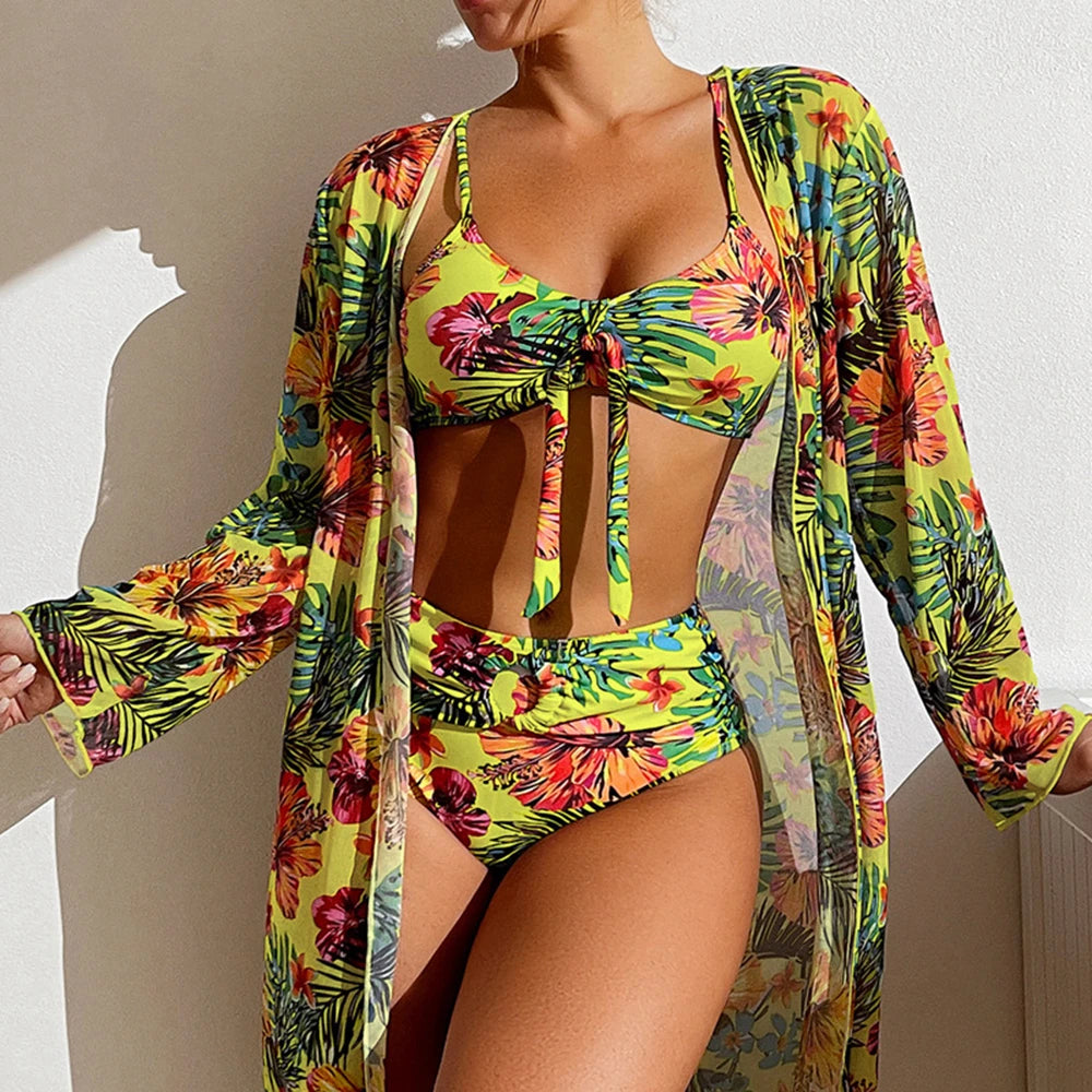 Bikini 2024 Women 11 Colors Sexy High Waist Bikini 3 Pieces Floral Print Swimsuit With Mesh Long-Sleeved Blouse Brazilia 3Piece  Amaijoin