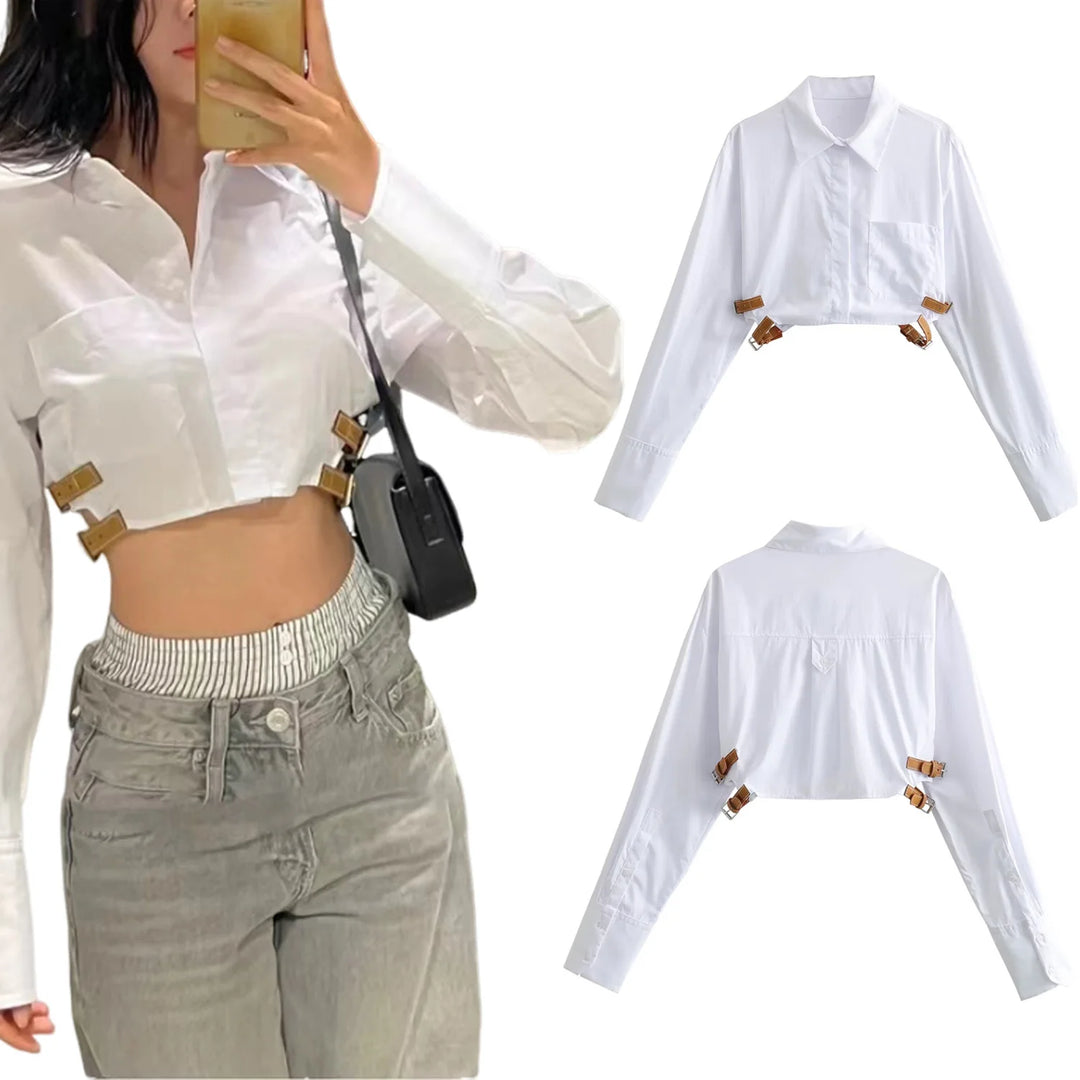 Women's New Shirt Poplin Belt Decoration Slim Fit Short Fashion Casual Versatile Long sleeved Top  Amaijoin