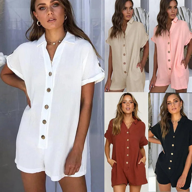 In stock! Fashionable women's clothing, spring and summer new products, hot selling lapel shirts, button up jumpsuits  Amaijoin