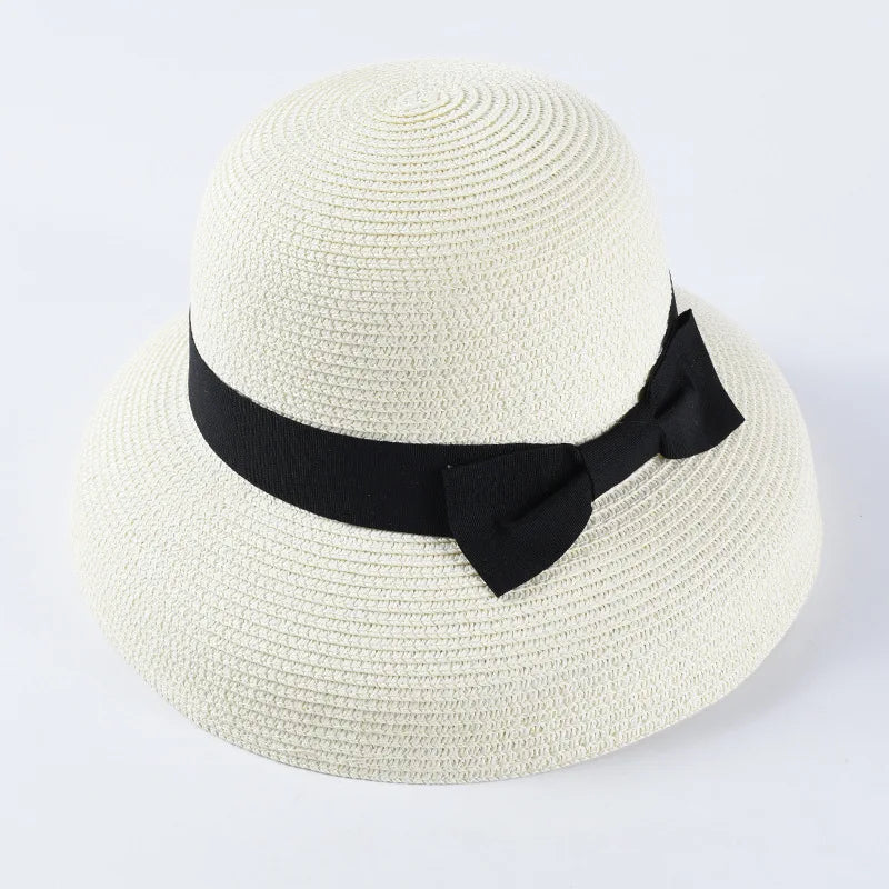 Hepburn bow ribbon sun hat women's straw hat Bucket hat color sunscreen sun hat beach hat wholesale  Amaijoin