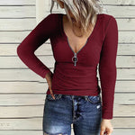 Carregue a imagem no visualizador da Galeria, European and American women&#39;s new chest zipper casual long-sleeved T-shirt blouse woman  Amaijoin
