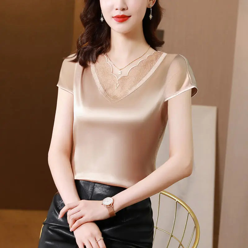 Fashion Foreign Style Loose Lace Short Sleeve T-Shirt Top Women's Spring and Summer Large Acetate Satin Bottomed Shirt  Amaijoin