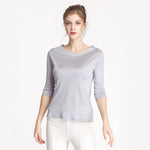 Carregue a imagem no visualizador da Galeria, Birdtree Mulberry Silk Knitted Solid T-shirts Designed Slash Neck Loose Women&#39;s Casual Basics Tees Fall Winter New Tops T39355QM  Amaijoin
