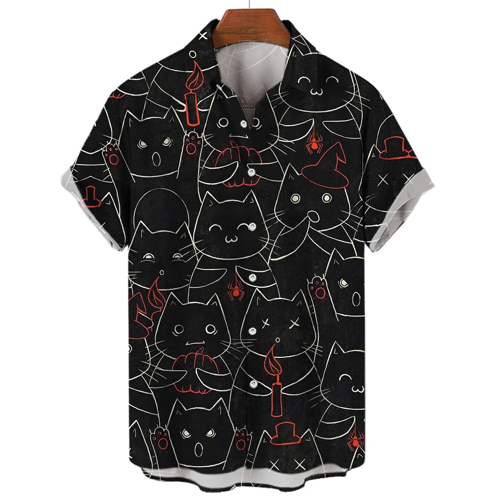 Men's Shirt Cute Cartoon Cat 3D Printed Casual Fashion Women Short Sleeves Shirts Button Lapel Tops Oversized Unisex Clothing  Amaijoin