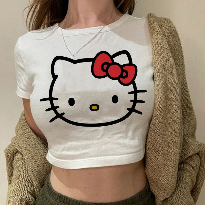 Tshirt Crop Top Hello Kitty T-shirt Kawaii T Shirt Sanrio Anime Cartoon Children Casual Clothes Y2k Cropped Tee Shirt Top  Amaijoin