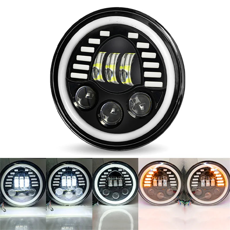 7" Round LED Headlight Cafe Racer for Yamaha Harley Road King Jeep Wrangler Jk Halo Angel Eyes 7 Inch Motorcycle LED Headlight  Amaijoin