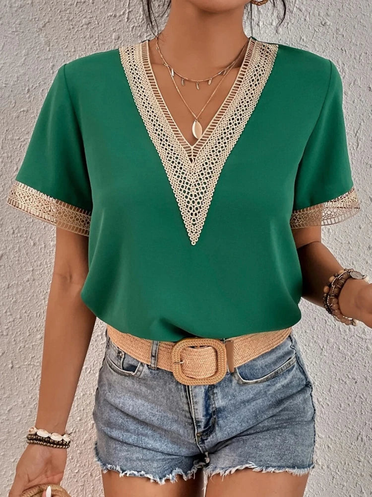 2023 summer new lace V-neck short-sleeved T-shirt women loose casual blouse thin solid color pullover  Amaijoin