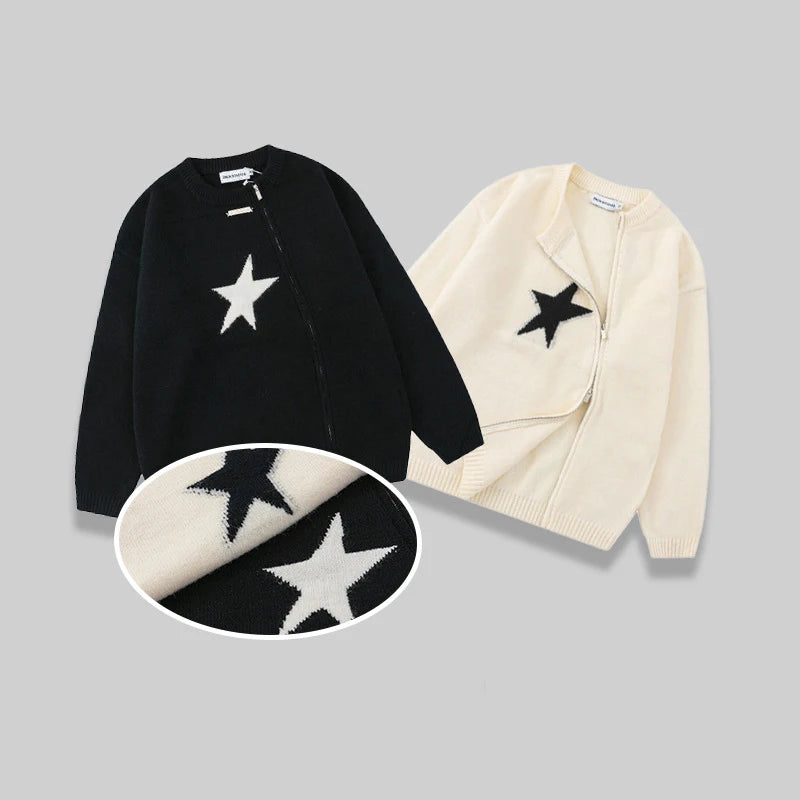 7073 Autumn Winter Chic Zipper Star Round Neck Knitting Pullovers For Men And Women Couple Ins Trendy Casual Loose Knitwear Tops  Amaijoin