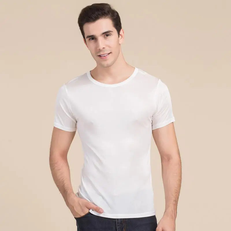 High Quality Mulberry Silk AAA grade Round  Neck Short Sleeve Men shirt Knitted Large Middle Thin Cultural  White Black Silver  Amaijoin