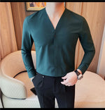 Carregue a imagem no visualizador da Galeria, Brand Scarless Elastic V-neck Shirt Men Long Sleeve Casual Business Dress Shirts Solid Social Party Tuxedo Blouse Men Clothing  Amaijoin
