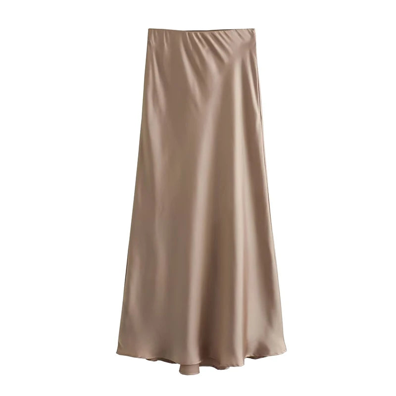 TRAF Satin Midi Skirt Woman High Waist Long Skirts For Women New Fashion 2023 Autumn Casual Elegant Party Women's Skirts  Amaijoin