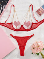 Carregue a imagem no visualizador da Galeria, Sexy Kiss Lingerie Heart Underwear Erotic Transparent Brief Sets Hollow Out Bra Kit Push Up Seamless Red 2 Piece Set with Chain  Amaijoin
