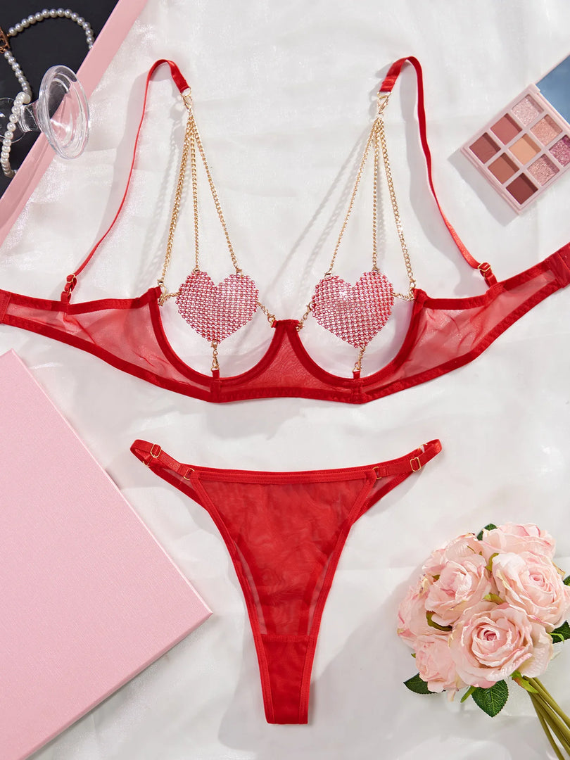 Sexy Kiss Lingerie Heart Underwear Erotic Transparent Brief Sets Hollow Out Bra Kit Push Up Seamless Red 2 Piece Set with Chain  Amaijoin