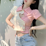 Carregue a imagem no visualizador da Galeria, 2023 summer women pure desire wind irregular love hollow short-sleeved Tshirt female summer Slim polo collar short paragraph top  Amaijoin
