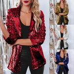 Carregue a imagem no visualizador da Galeria, Women Sequins Sequin Jacket Casual Long Sleeve Glitter Party Shiny Lapel Coat Vintage Lapel Sequins Jackets Club Party Wear  Amaijoin
