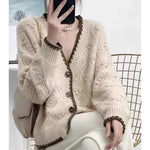 Carregue a imagem no visualizador da Galeria, Chic jacquard 100% cashmere knit cardigan Women&#39;s autumn/winter lazy V-neck sweater Loose wool coat  Amaijoin
