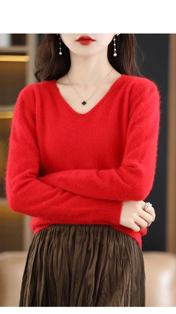 Women's Flat V-neck Mink Cashmere Sweater New Autumn/winter 2023 Knitted Loose Pullover Commuter Basic Knit Top  Amaijoin