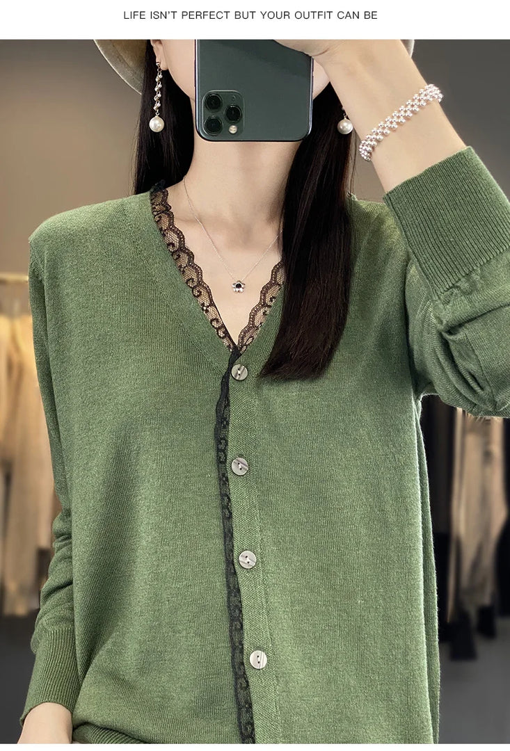 2023 Spring and Summer Cashmere Cardigans Women  V-neck Knitted Sweater Fashion Knitwear Solid Cashmere Cardigans Women's  Amaijoin