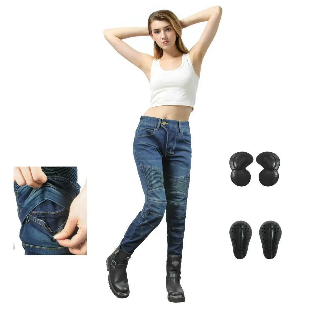 Motorcycle Pants Pantalon Moto Green Moto Jeans Woman Boyfriends Motorcycle Leisure Women's Jeans Blue Riding High Waist Jeans  Amaijoin