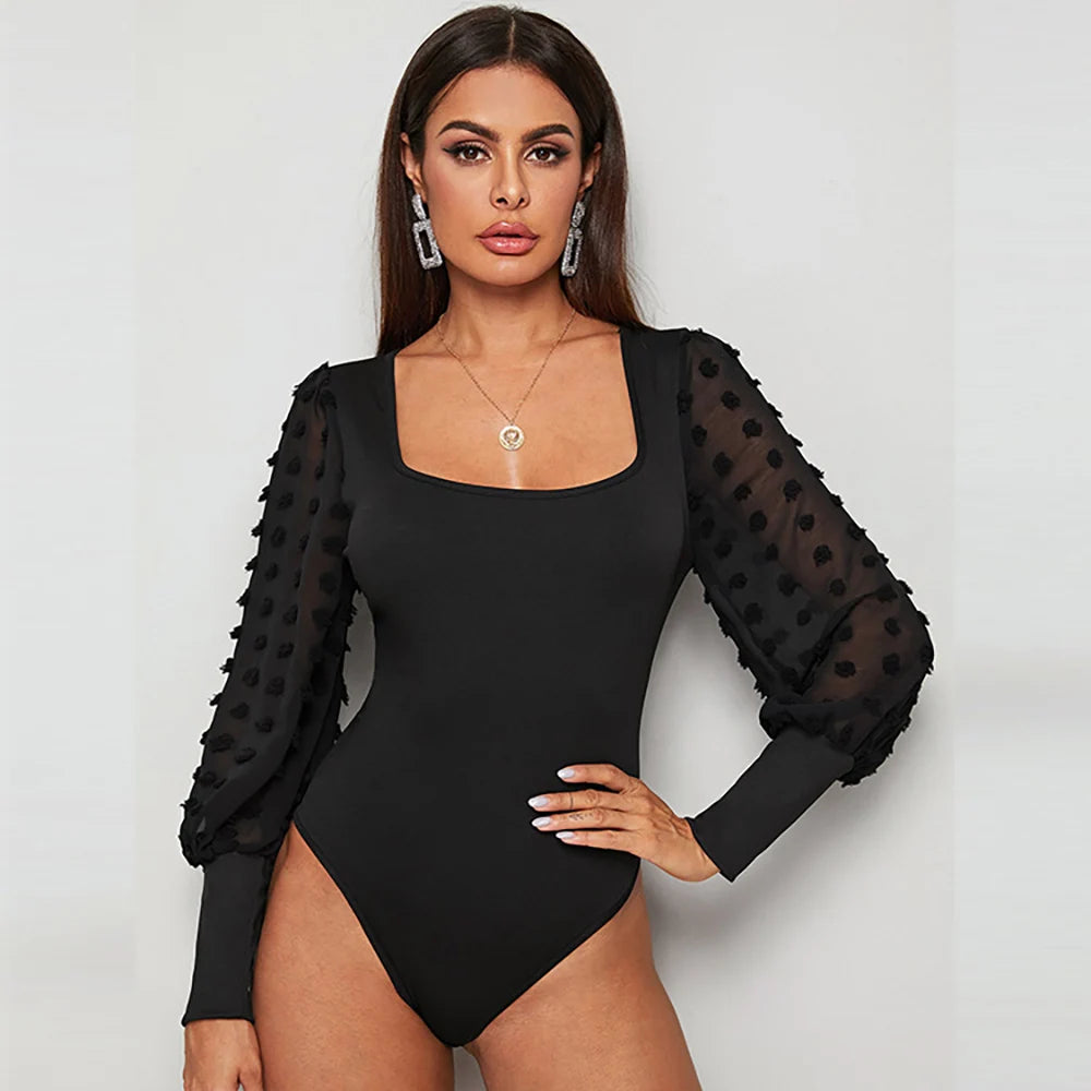 Autumn Tops 2023 New Sexy Elegant Chic Mesh Sleeve Bodysuit Women Black Square Collar Bodycon Office Lady One Piece Outfits  Amaijoin