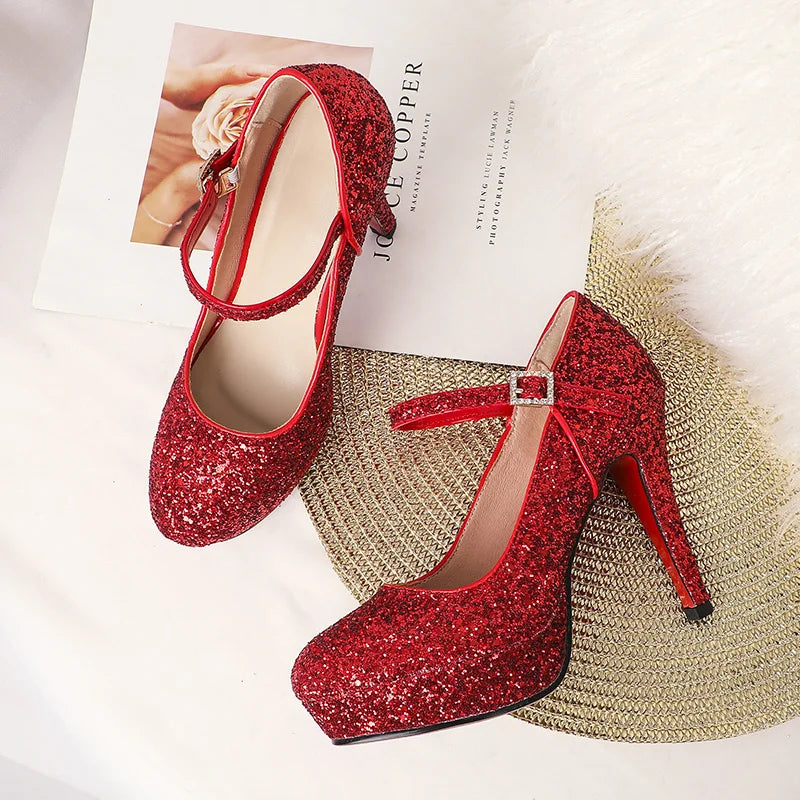 Luxury Sequined High Heels Shoes Woman Pumps Platform Red Gold Silver Heeled Party Office Wedding Bridal Shoes Female ZOGEER  Amaijoin