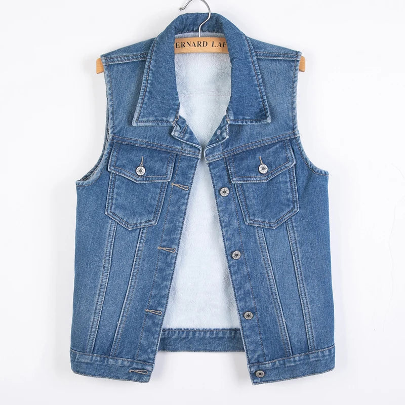 S-6XL Denim Vest Autumn Winter Women Velvet Warm Sleeveless Jacket Turn Down Collar Single Breasted Waistcoat Female  Amaijoin