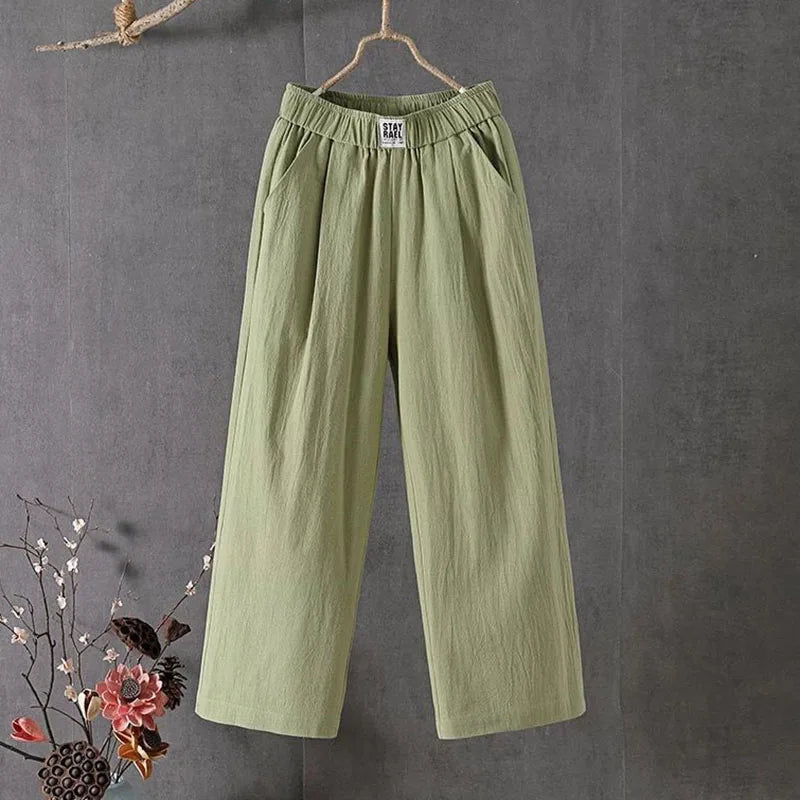 M-4xl Summer Elastic Waist Women's Pants Casual Solid Cotton Linen Ankle Length Pants Female 2023 High Quality Baggy Trousers  Amaijoin