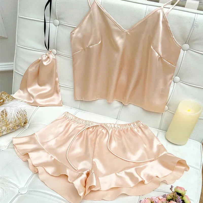 Fashion Sexy Underwear Set Women's 2 Pieces Sleepwear Pyjamas Silk Satin Bellyband Cami Top and Shorts Pajamas for Women Pijamas  Amaijoin