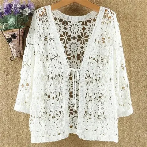 Sexy Hollow Lace Sunscreen Cardigan Sweater Women Wide Loose Air Conditioning Knitted Sweater Thin Section Female Spring Autumn  Amaijoin