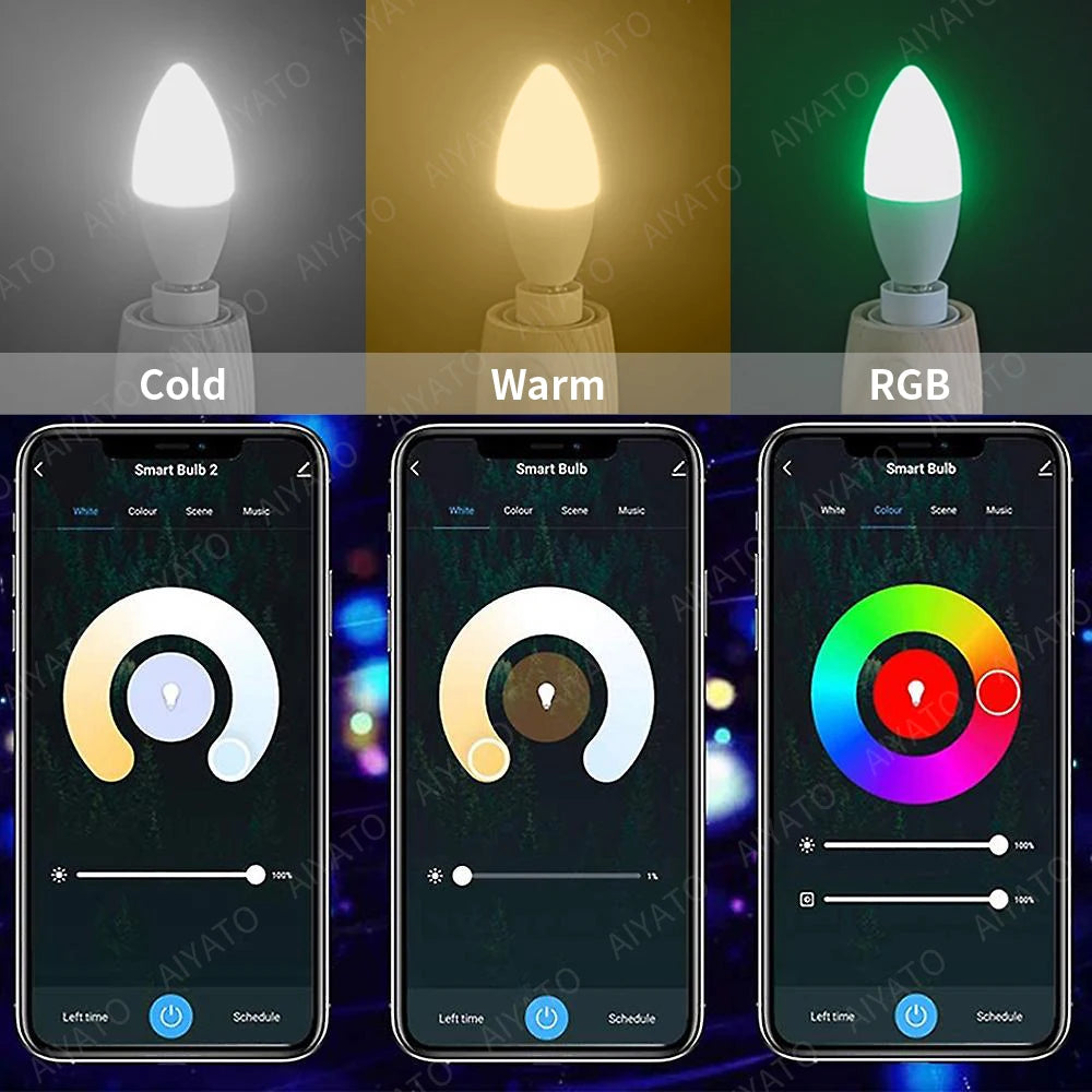 Tuya E14 Candle Lamps APP Control Smart Bulb Bluetooth WIFI RGB 220V LED Light Dimmable Smart Life Room Home Group Crystal Lamps  Amaijoin