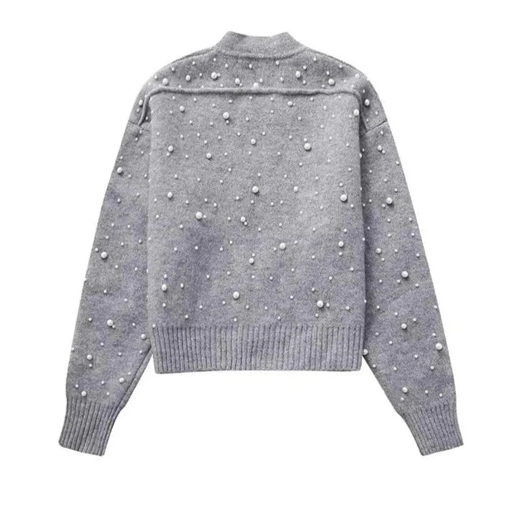 Willshela Women Fashion With Faux Pearl Grey Front Zipper Bomber Jackets Vintage O-Neck Long Sleeves Female Chic Lady Outfits  Amaijoin