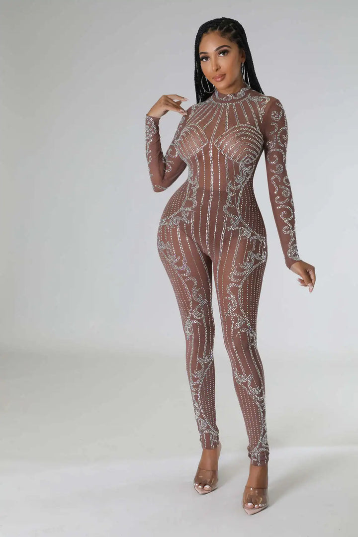 Perspective Hot Diamond Long Sleeve Party Nightclub Jumpsuit  Amaijoin