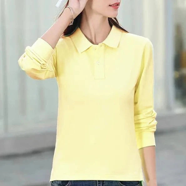 High Quality Womens 100% Cotton Long Sleeve Polos Shirts Casual Lapel Ladies Tees Fashion Female All-Season New T-shirt Slim Top  Amaijoin