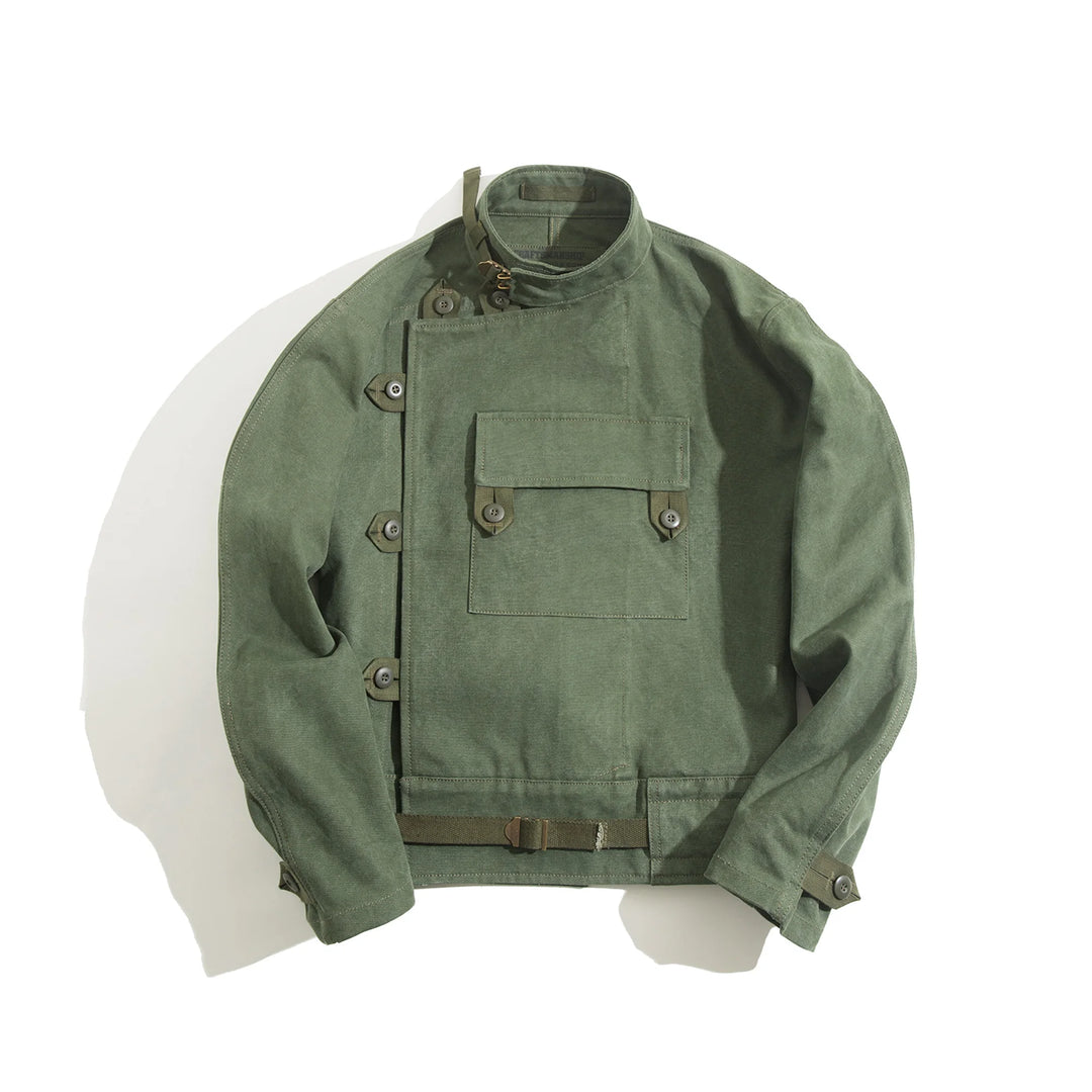 Maden Army Green Retro bomber Jackets Misplaced Oblique Buckle Swedish Motorcycle Men's AMEKAJI Cotton Autumn Winter Coat  Amaijoin